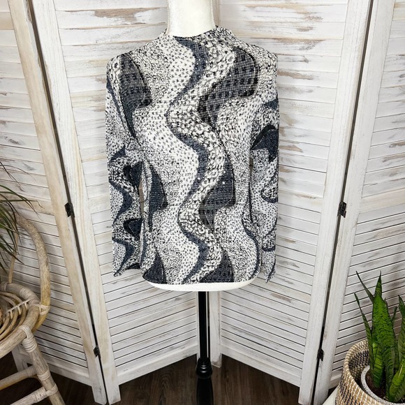 ALBERTO MAKALI Women's Crinkle Sequin Leopard Animal Print Top Blous Black White - Picture 2 of 15